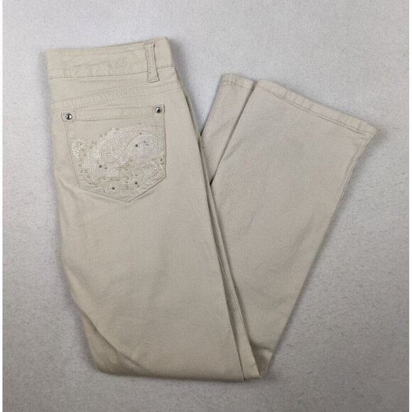CODE BLEU - WOMEN'S BEIGE EMBELLISHED GWEN STRAIGHT JEANS - SIZE 6PR - Picture 1 of 13